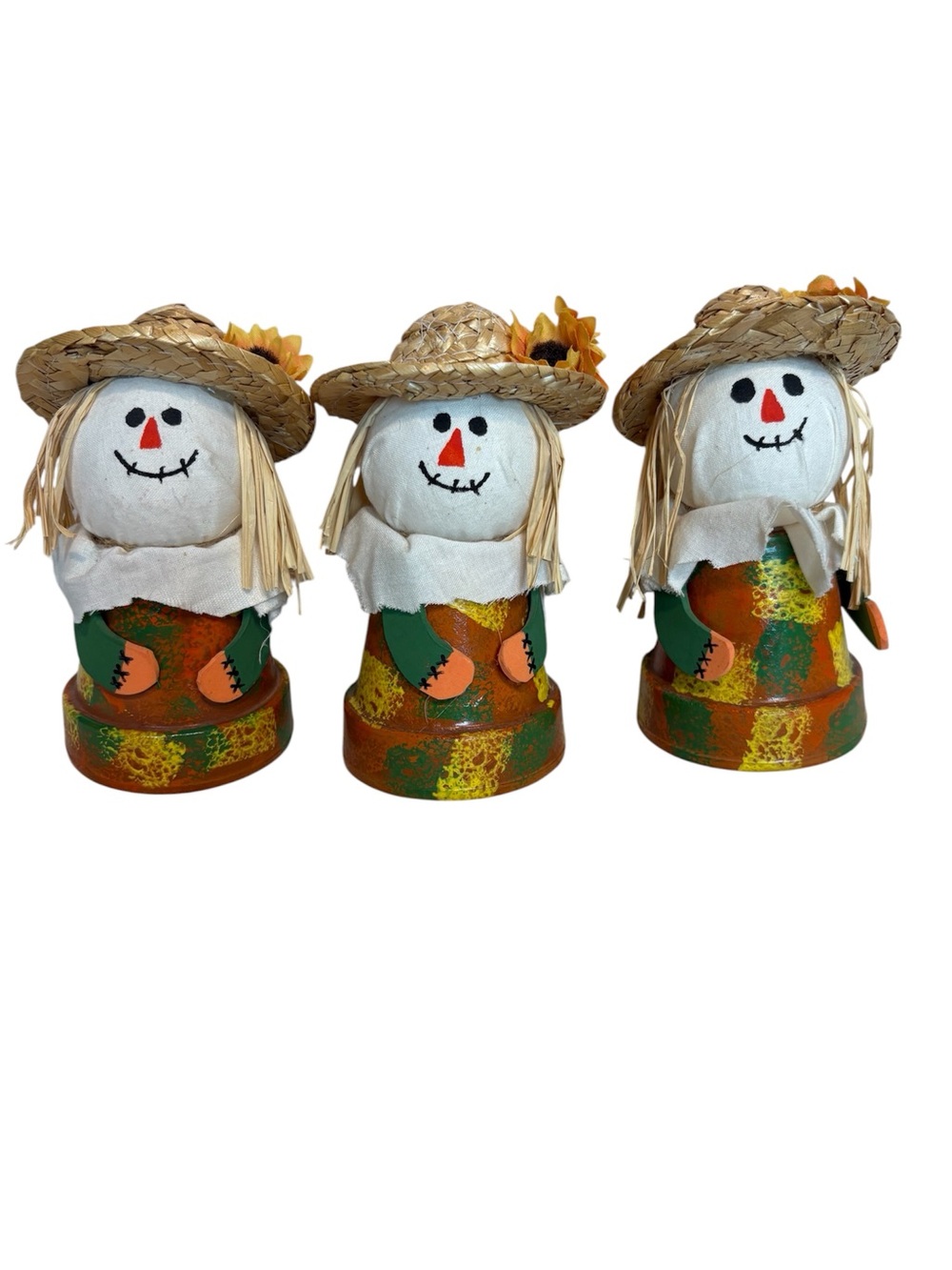 Set of 3 Vintage Terra Cotta Pots Handmade Scarecrows Fall Autumn Home Decor